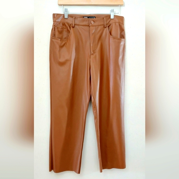 Zara Cognac-Brown Faux Leather Pants - Picture 1 of 5